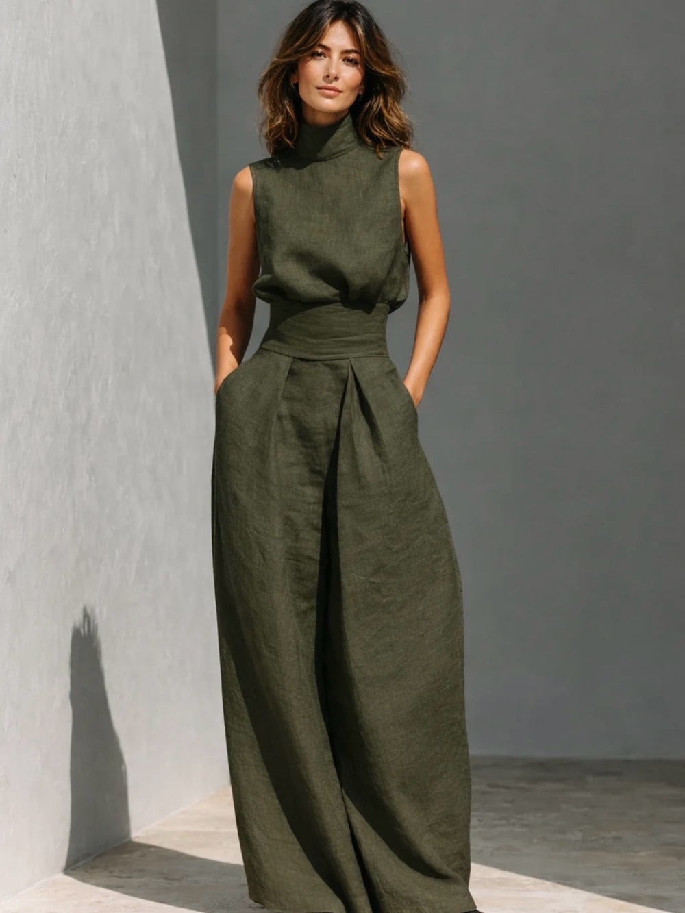 Sleeveless High-Neck Wide-Leg Pantsuit in Olive Green